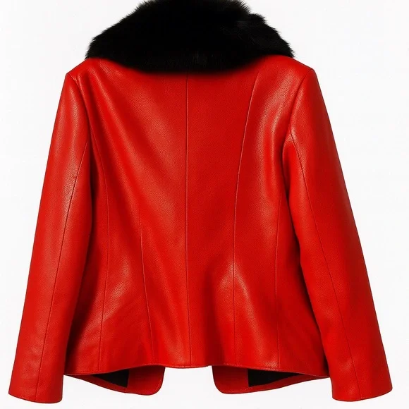 Vintage Red Leather Fur Collar Jacket 70s Mod Glam Rock Style | Real Fur Trim M - Picture 4 of 6